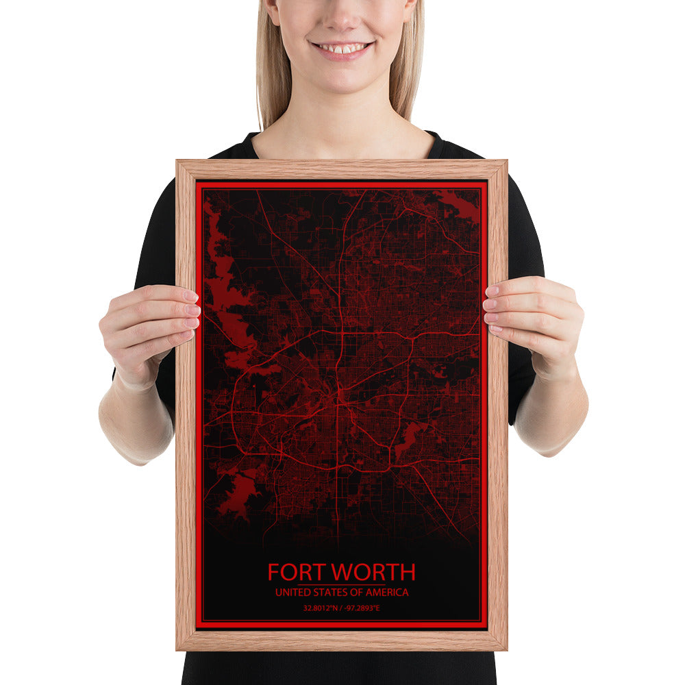 Fort Worth Black and Red Framed Map