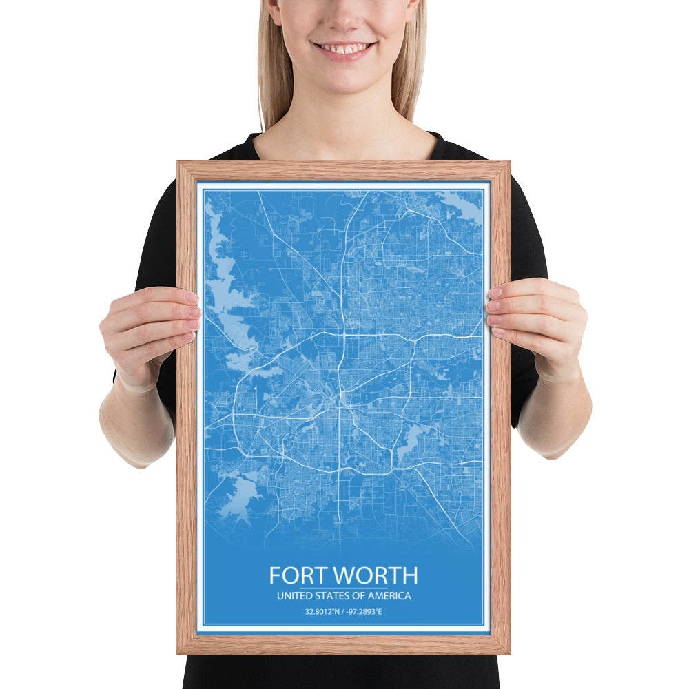 Fort Worth Blue and White Framed Map