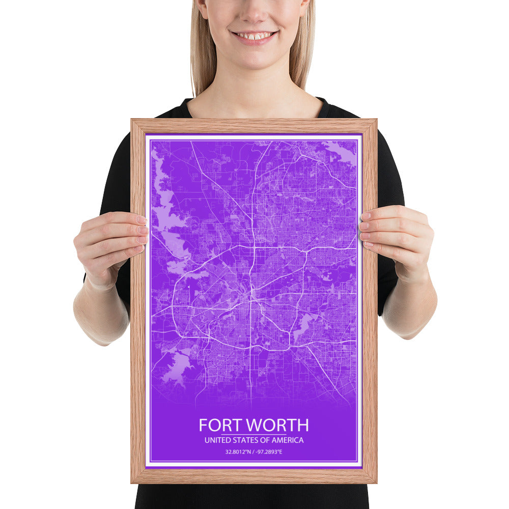 Fort Worth Purple and White Framed Map