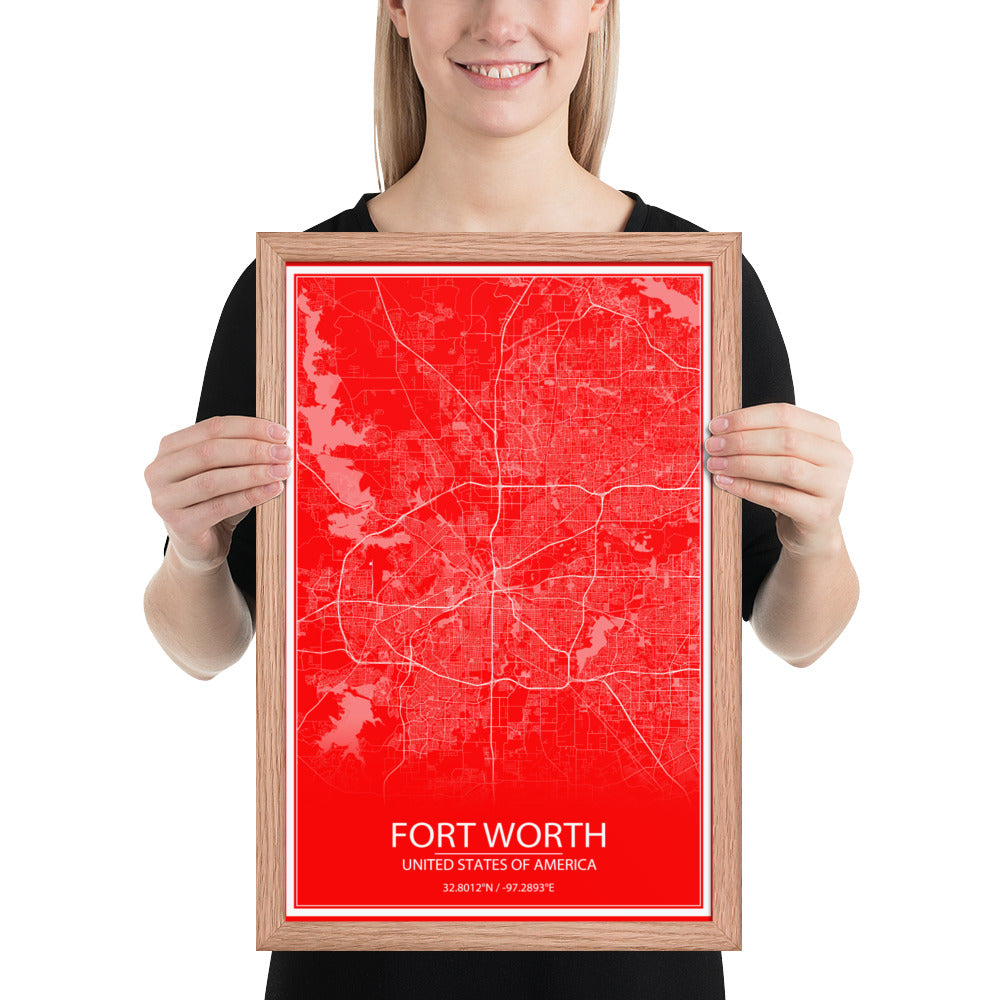 Fort Worth Red and White Framed Map