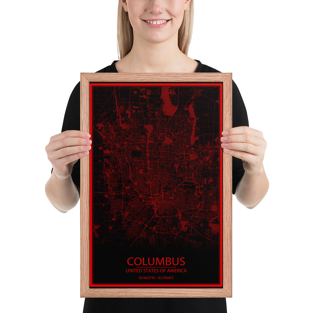 Columbus Black and Red Framed Map