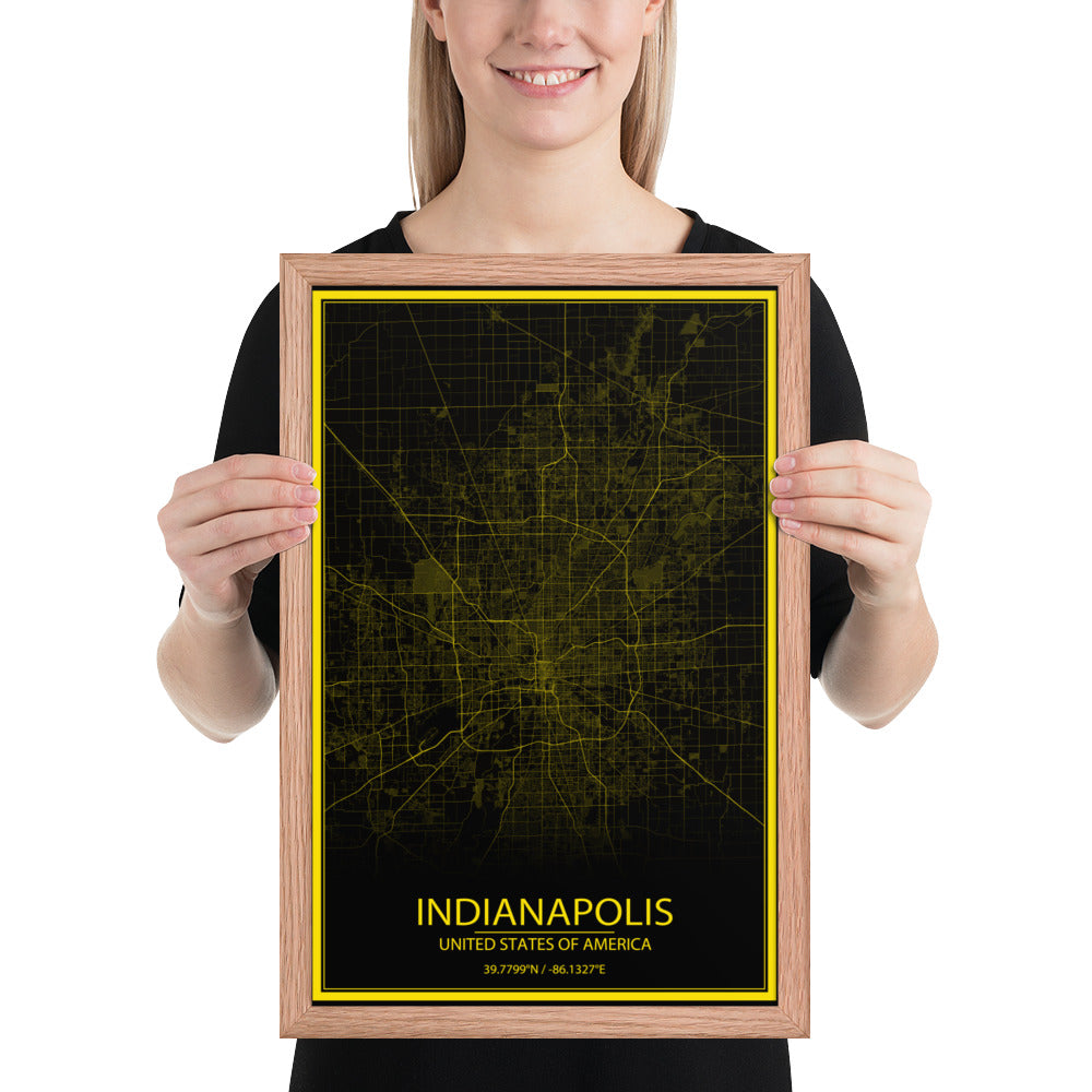 Indianapolis Black and Yellow Framed Map