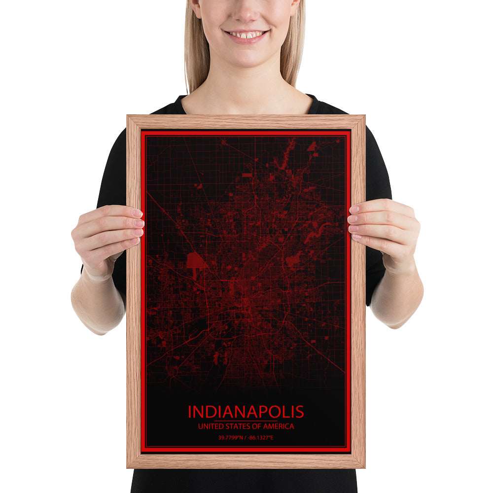 Indianapolis Black and Red Framed Map