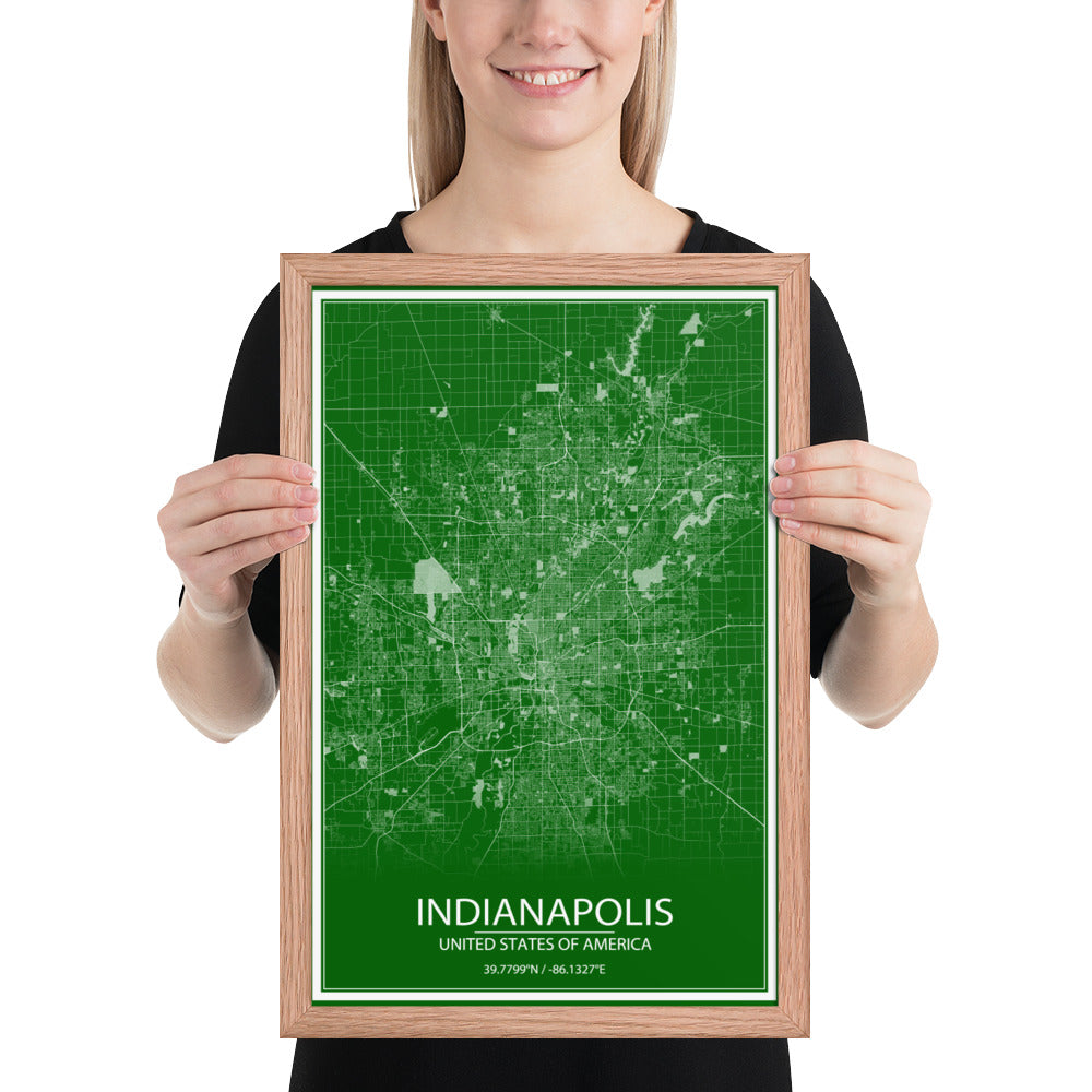 Indianapolis Green and White Framed Map