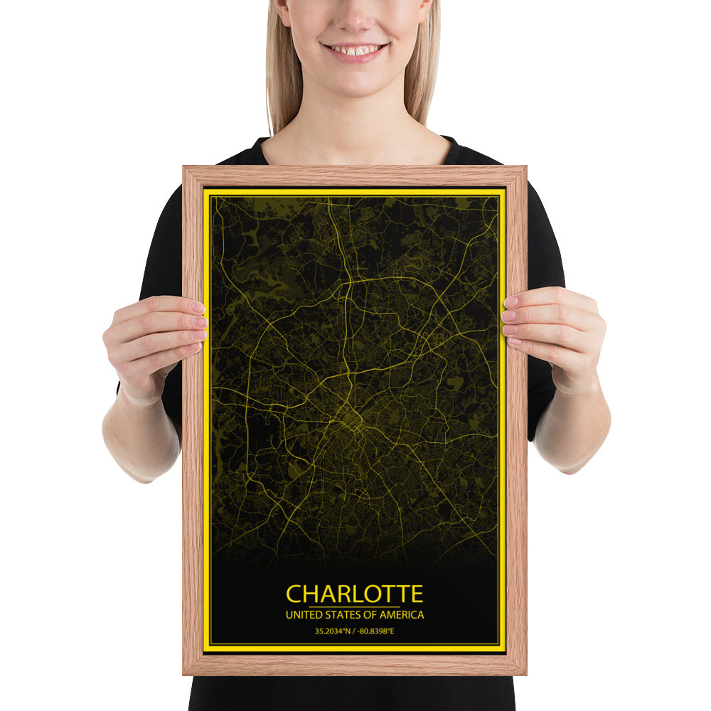 Charlotte Black and Yellow Framed Map