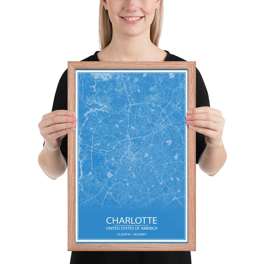 Charlotte Blue and White Framed Map