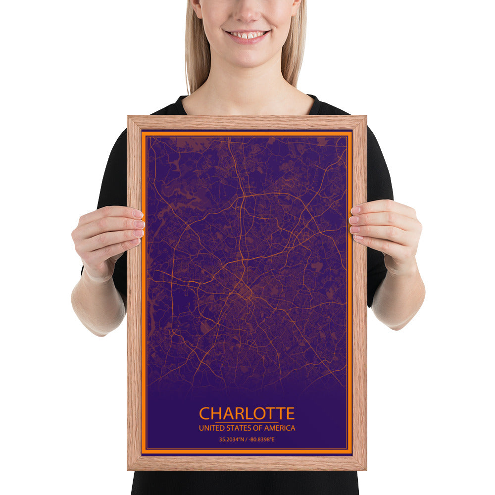 Charlotte Purple and Orange Framed Map