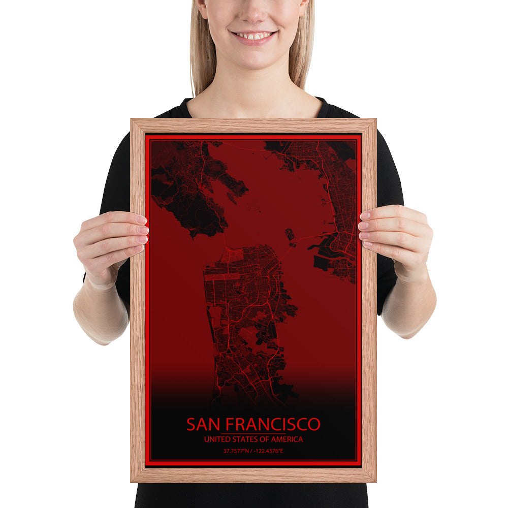 San Francisco Black and Red Framed Map