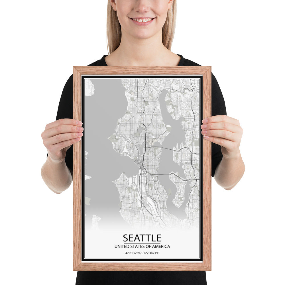 Seattle White Framed Map