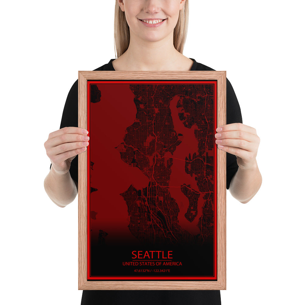 Seattle Black and Red Framed Map