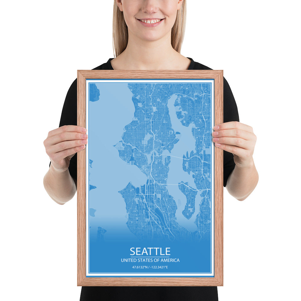 Seattle Blue and White Framed Map