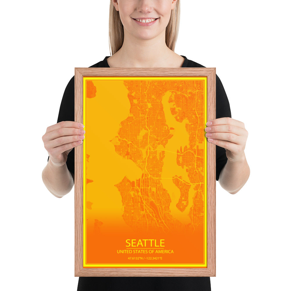 Seattle Orange and Yellow Framed Map