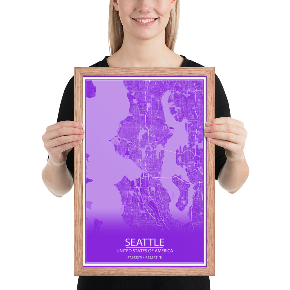 Seattle Purple and White Framed Map