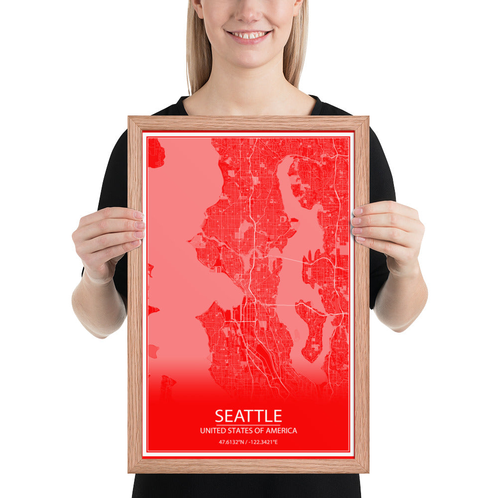 Seattle Red and White Framed Map