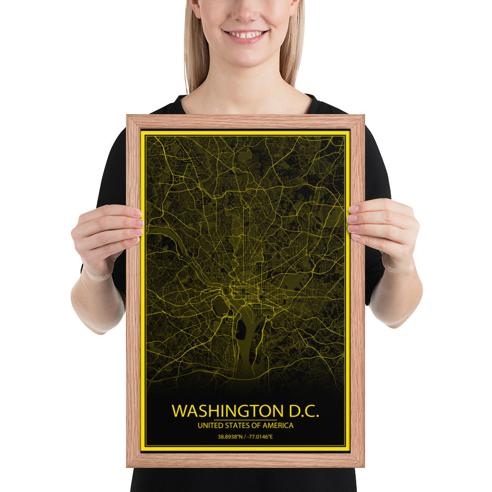 Washington, D.C. Black and Yellow Framed Map