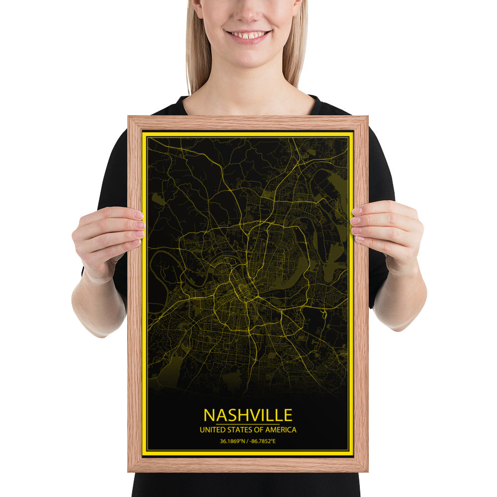 Nashville Black and Yellow Framed Map