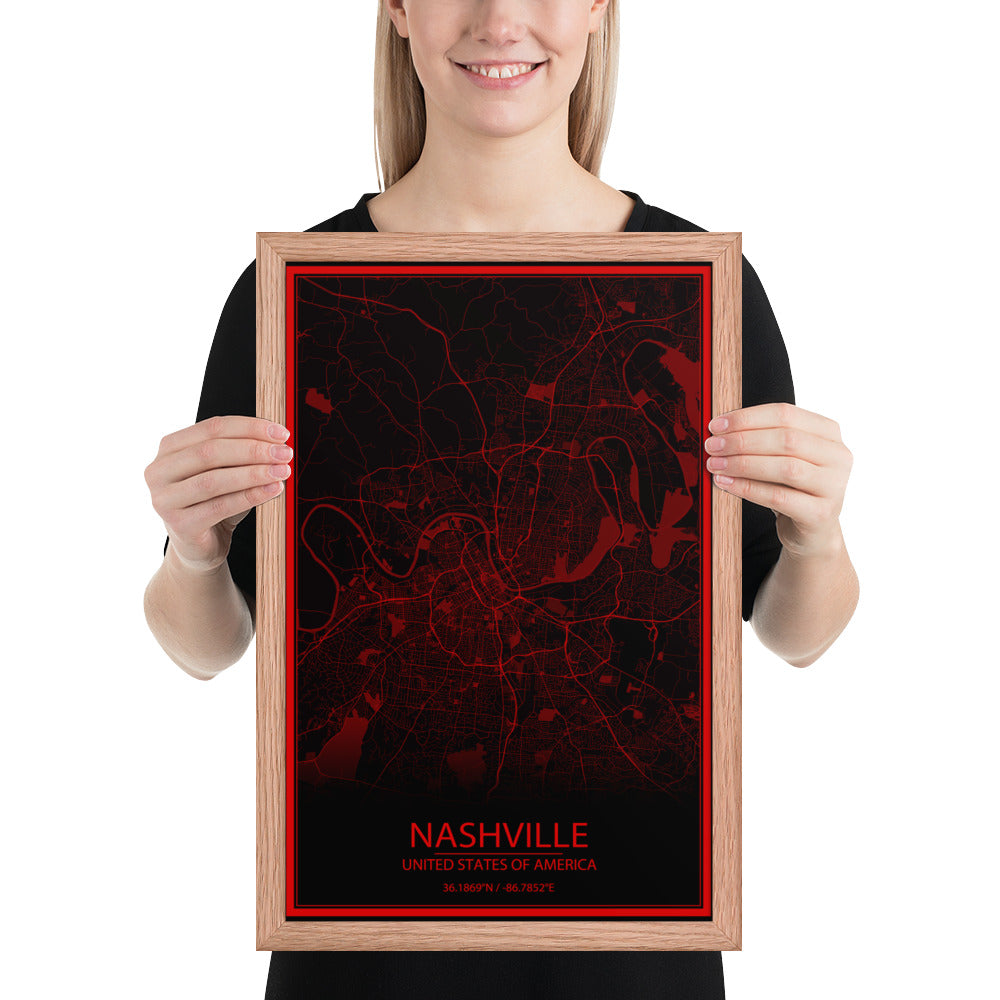 Nashville Black and Red Framed Map