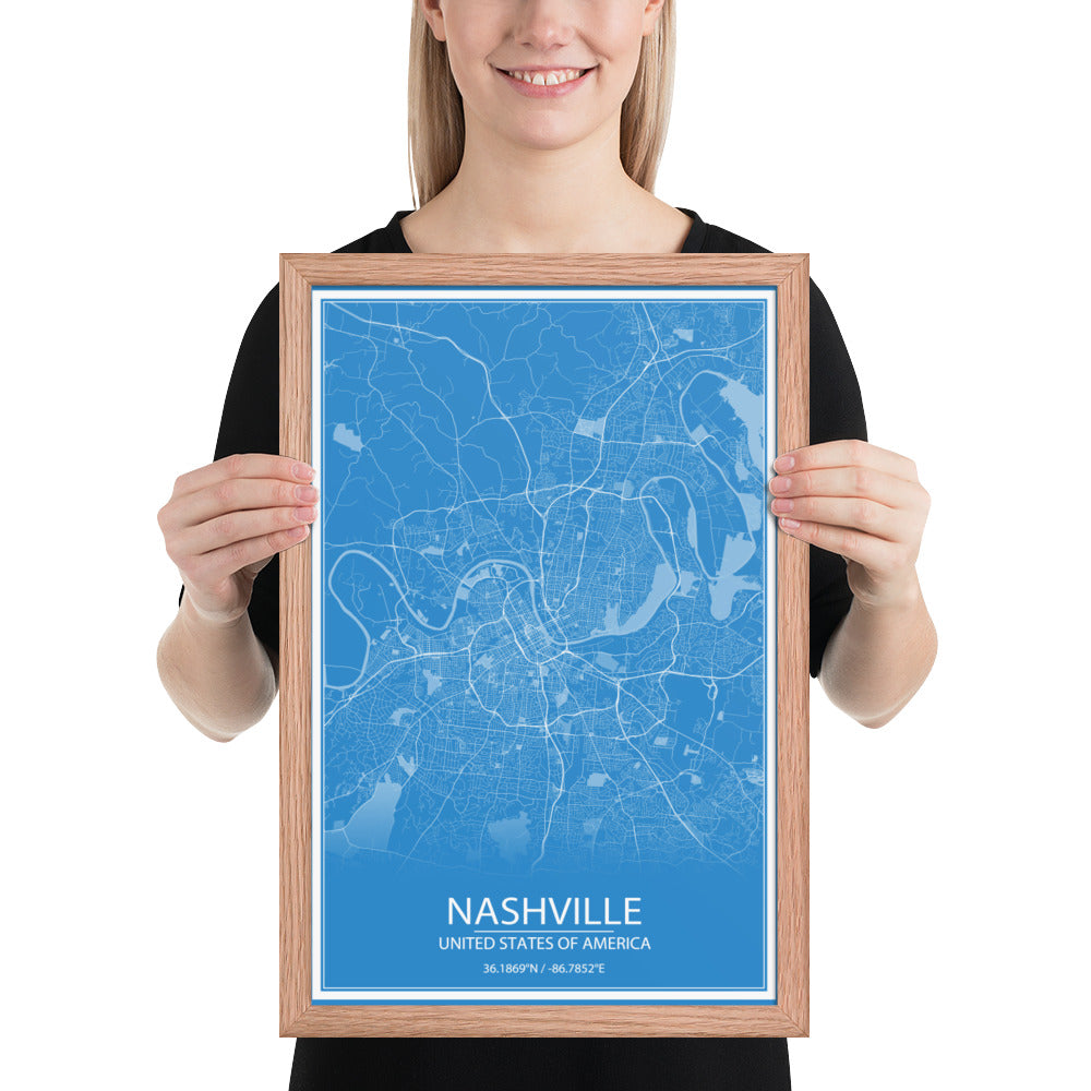 Nashville Blue and White Framed Map