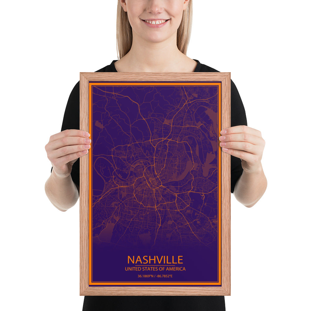 Nashville Purple and Orange Framed Map