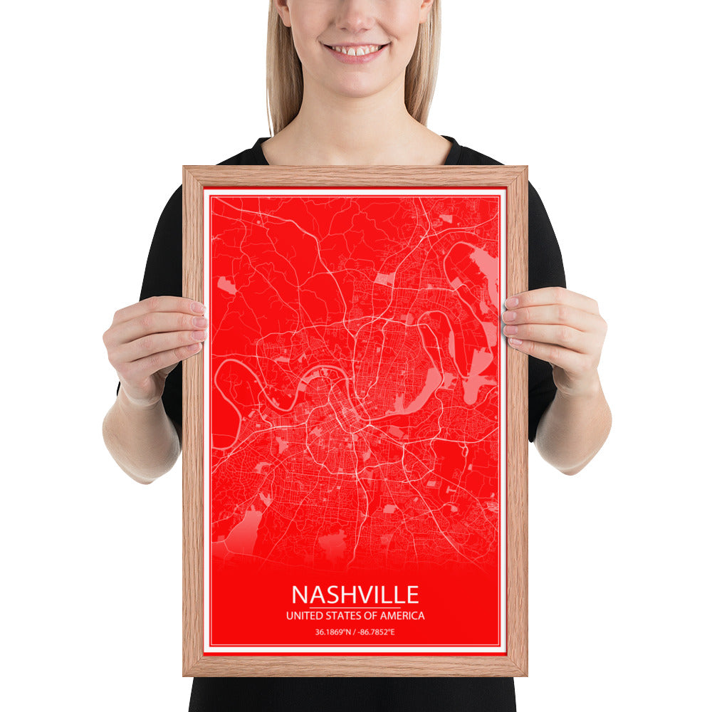 Nashville Red and White Framed Map