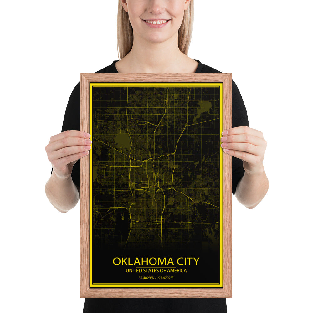 Oklahoma City Black and Yellow Framed Map