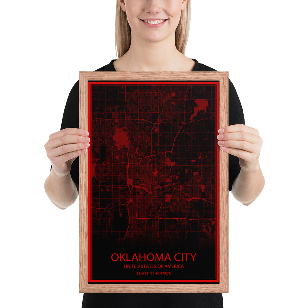 Oklahoma City Black and Red Framed Map