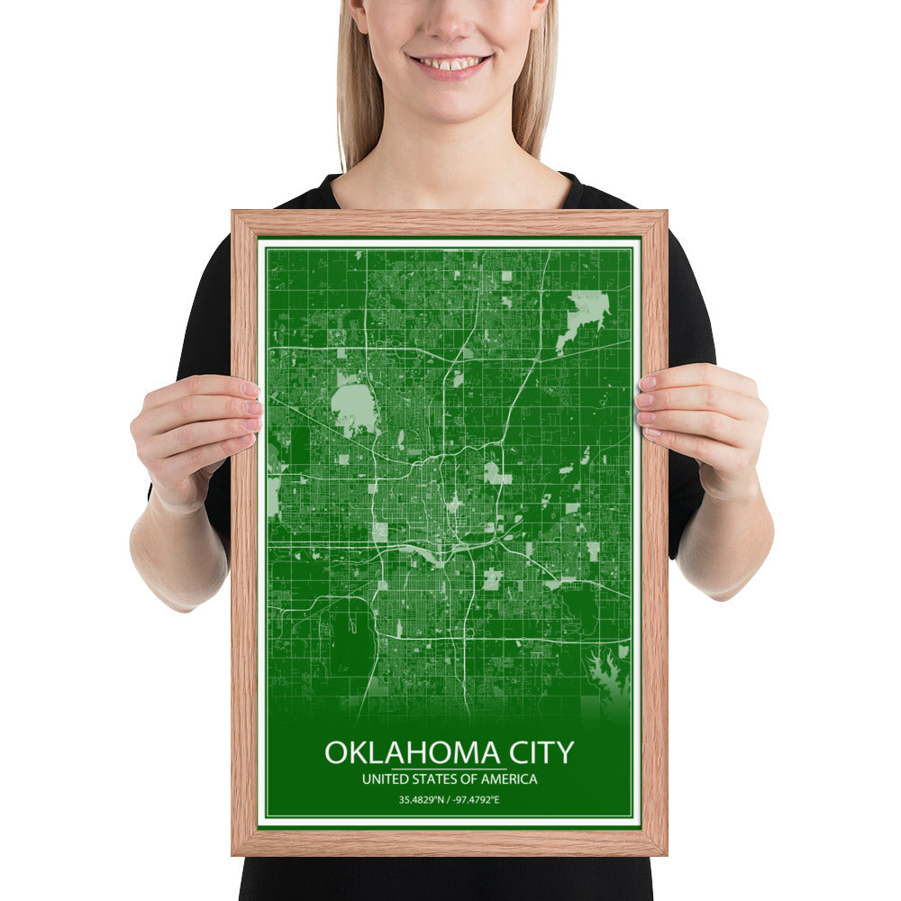 Oklahoma City Green and White Framed Map