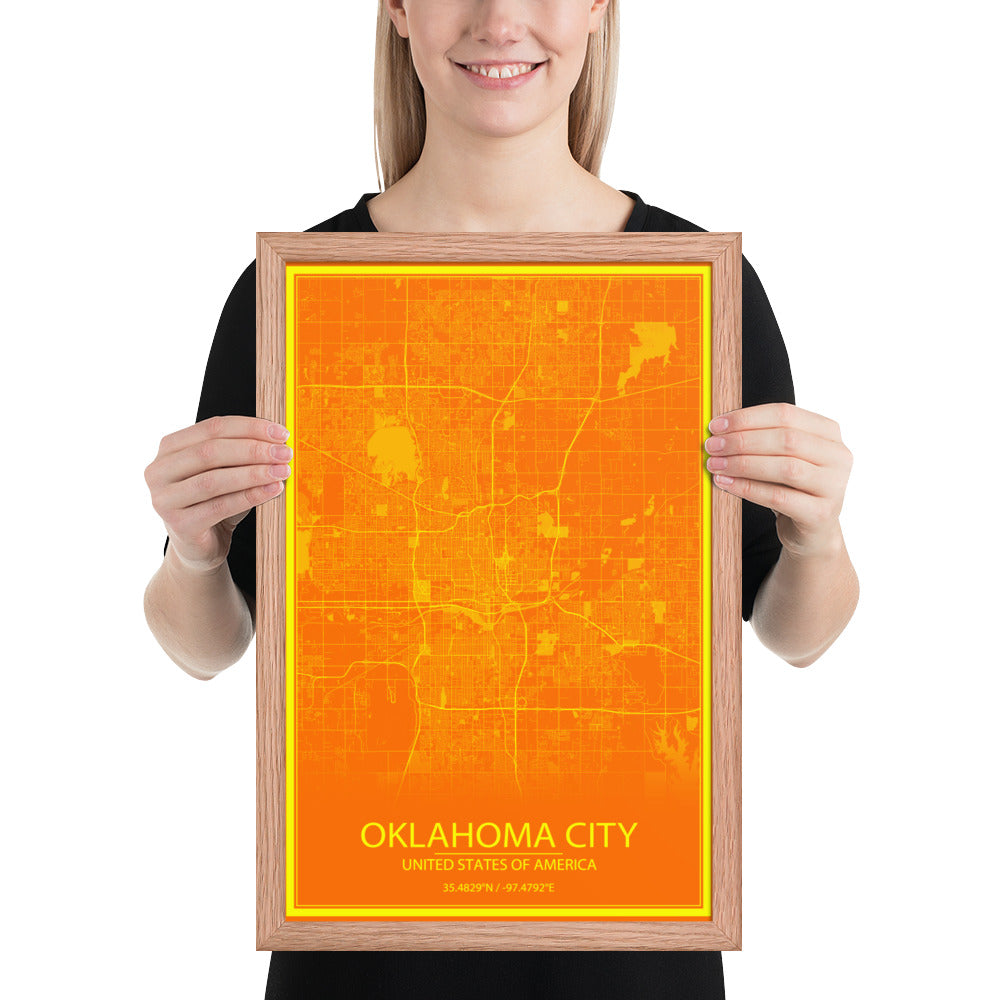 Oklahoma City Orange and Yellow Framed Map