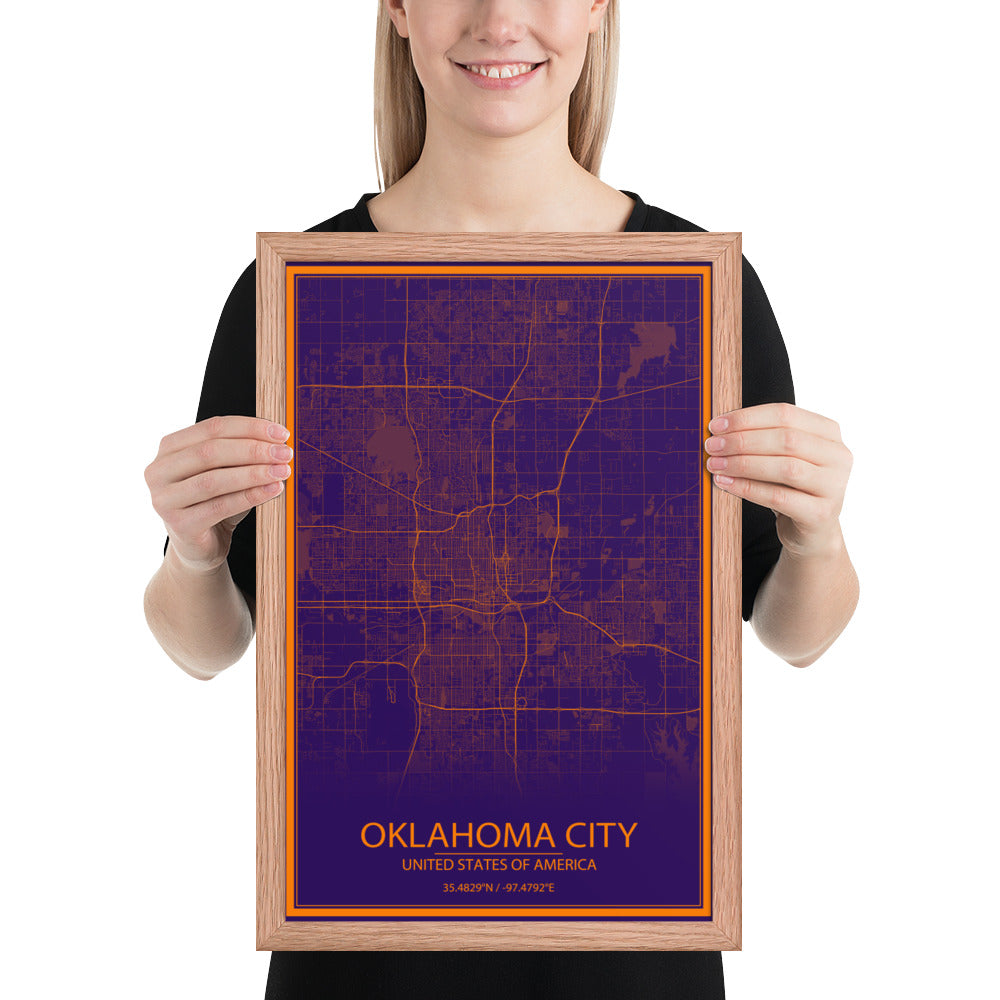 Oklahoma City Purple and Orange Framed Map