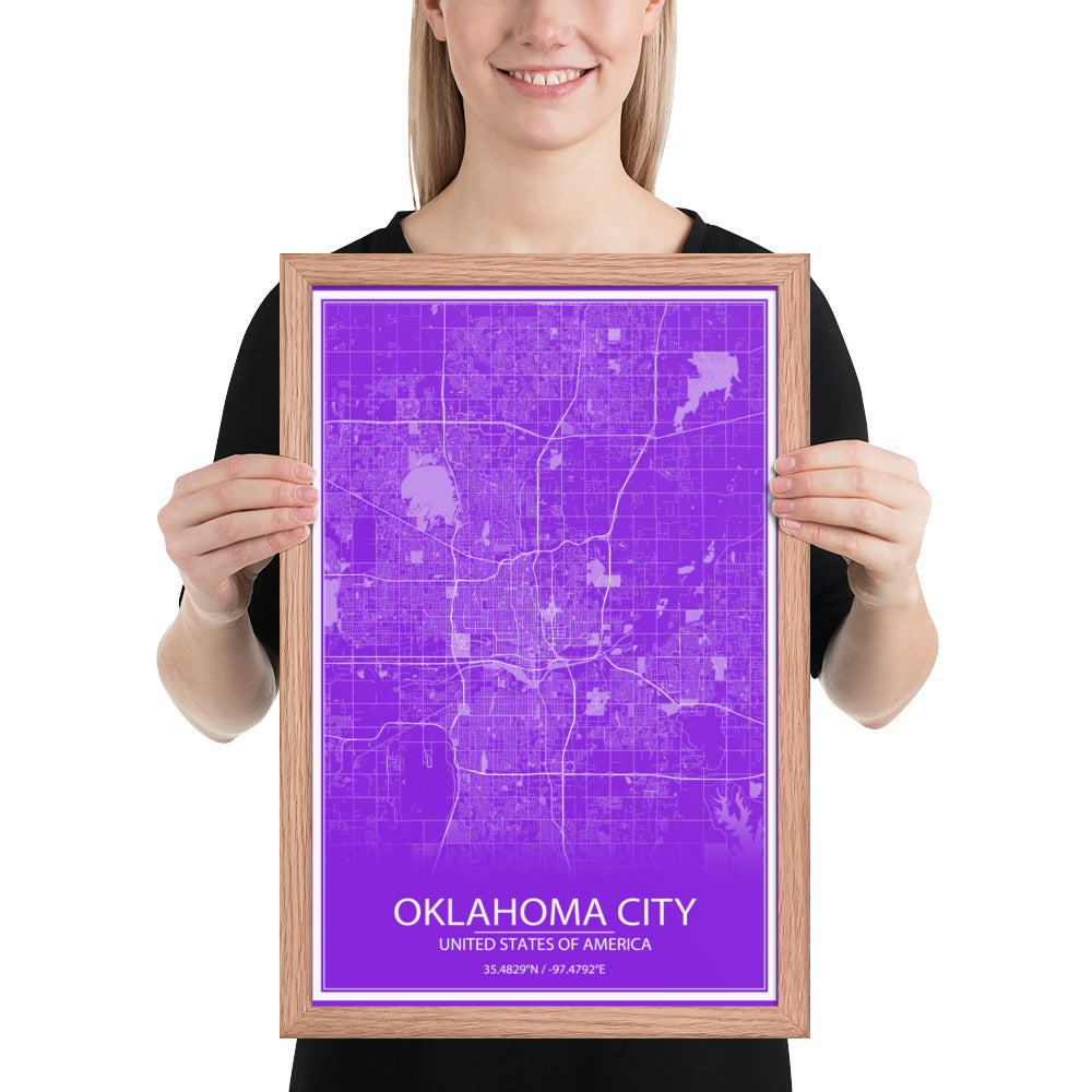 Oklahoma City Purple and White Framed Map