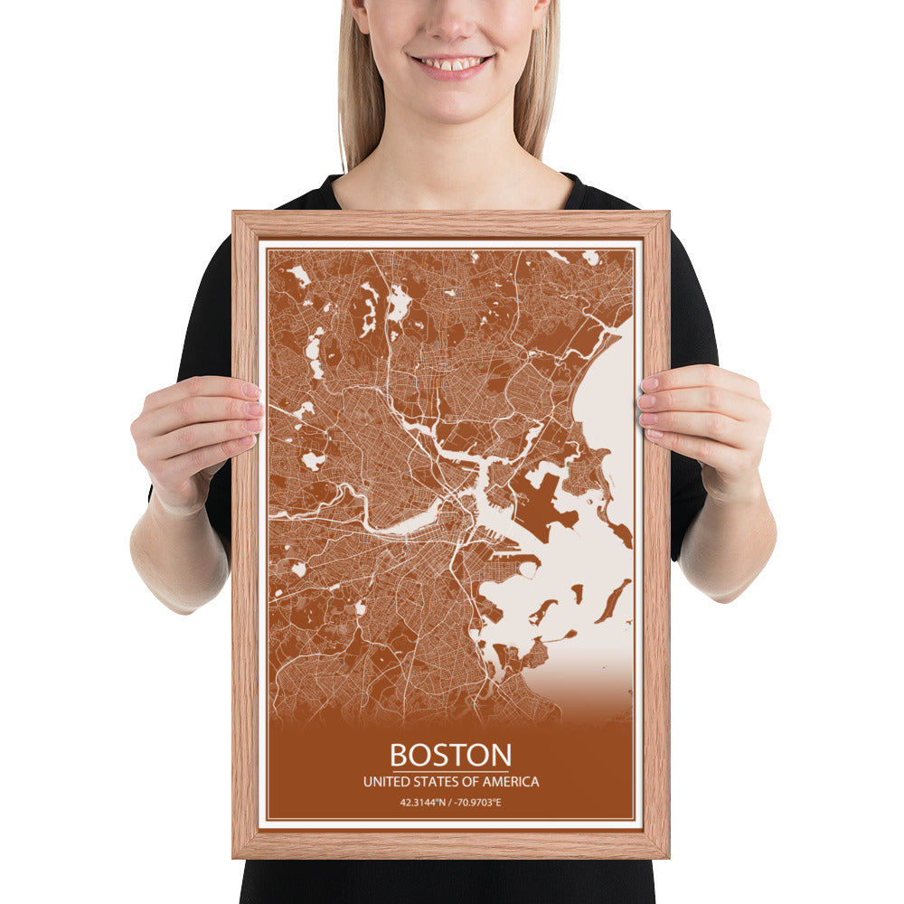 Boston Brown and White Framed Map