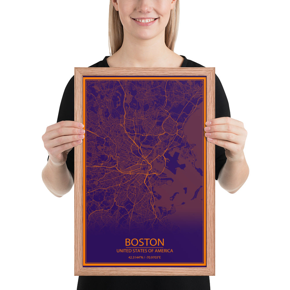 Boston Purple and Orange Framed Map