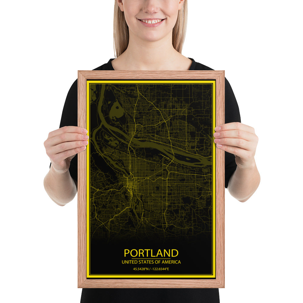 Portland Black and Yellow Framed Map