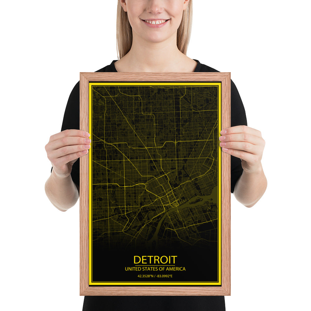 Detroit Black and Yellow Framed Map