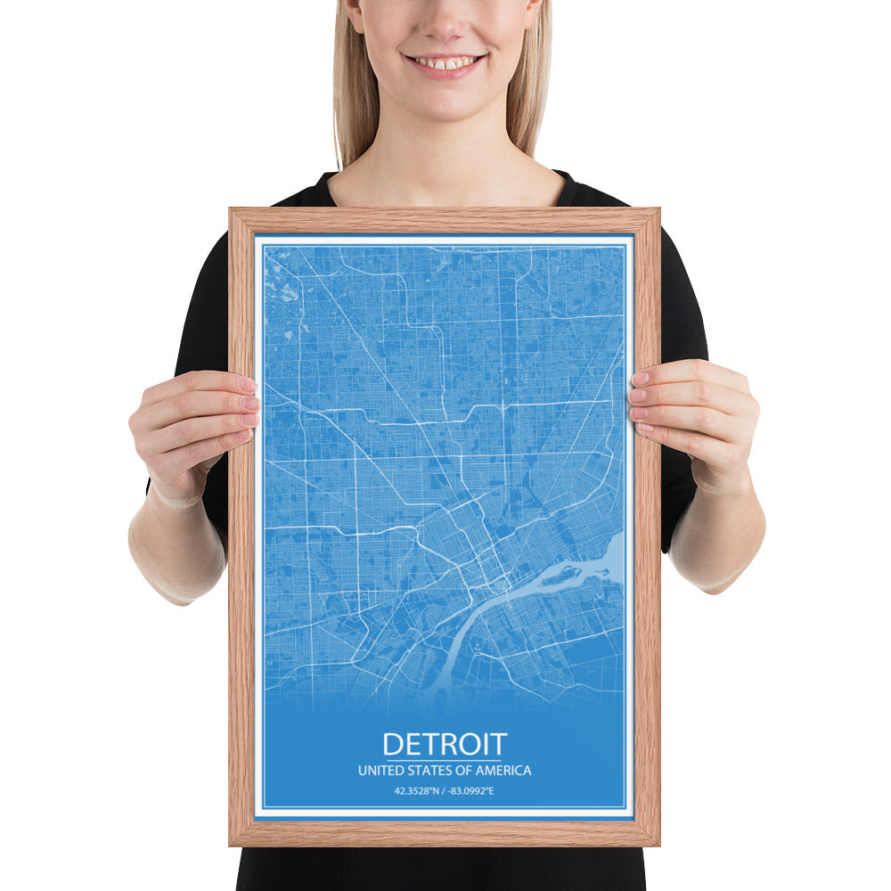 Detroit Blue and White Framed Map