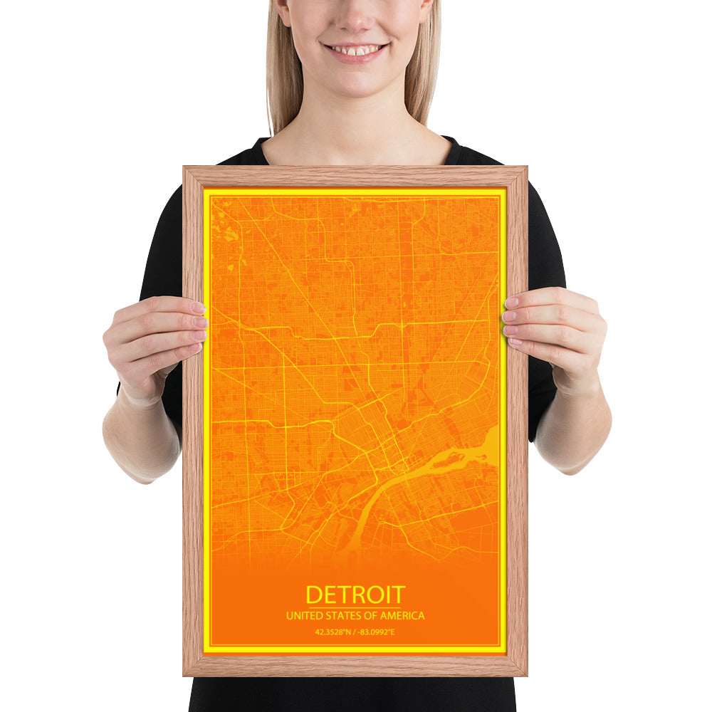 Detroit Orange and Yellow Framed Map