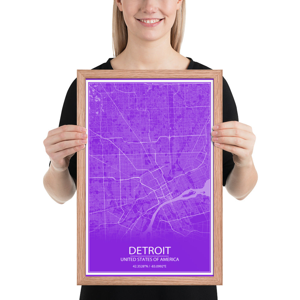 Detroit Purple and White Framed Map