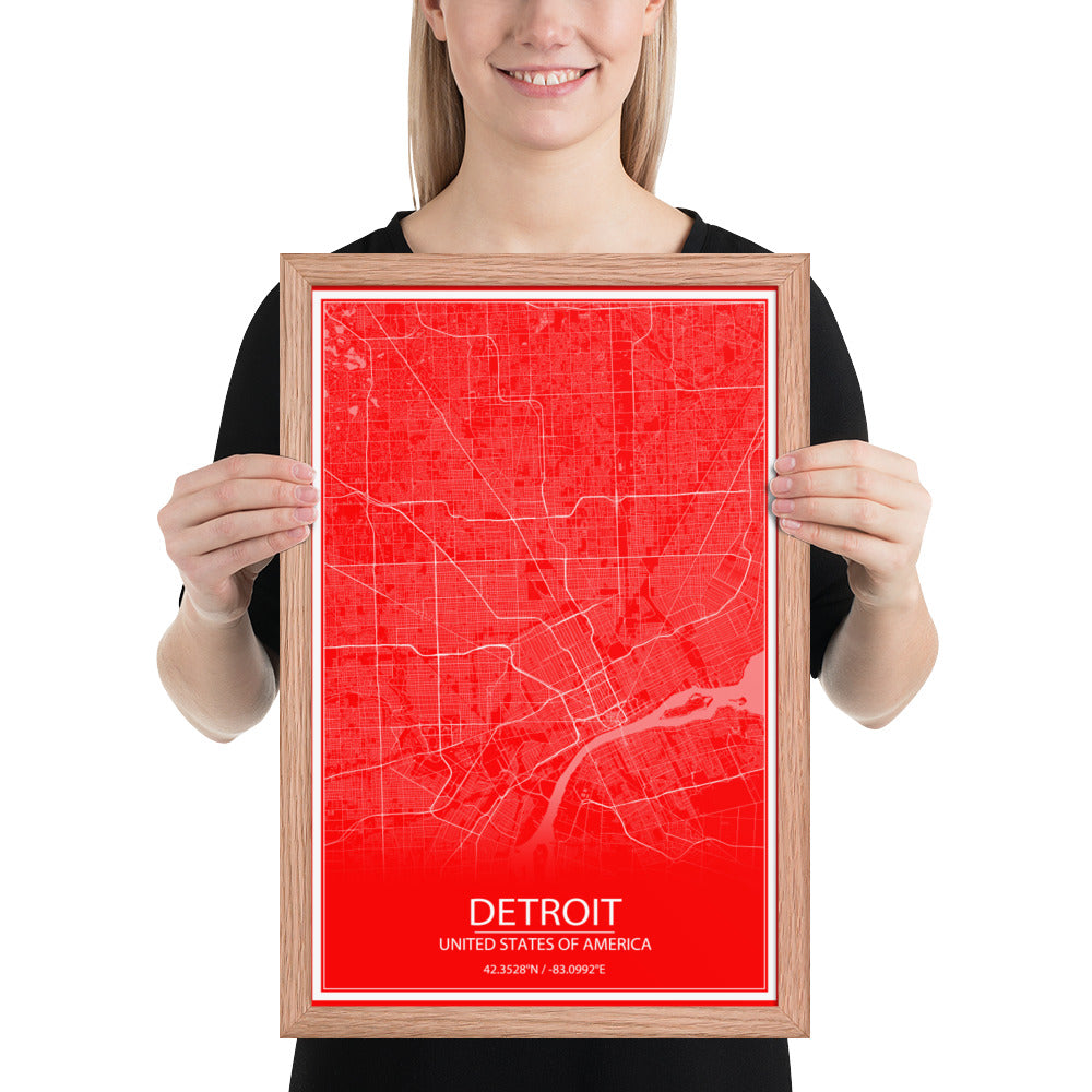 Detroit Red and White Framed Map