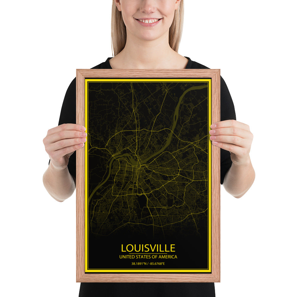 Louisville Black and Yellow Framed Map