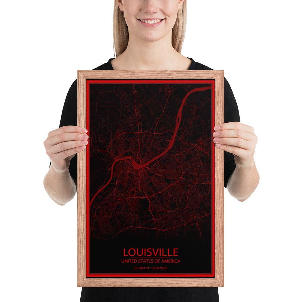 Louisville Black and Red Framed Map