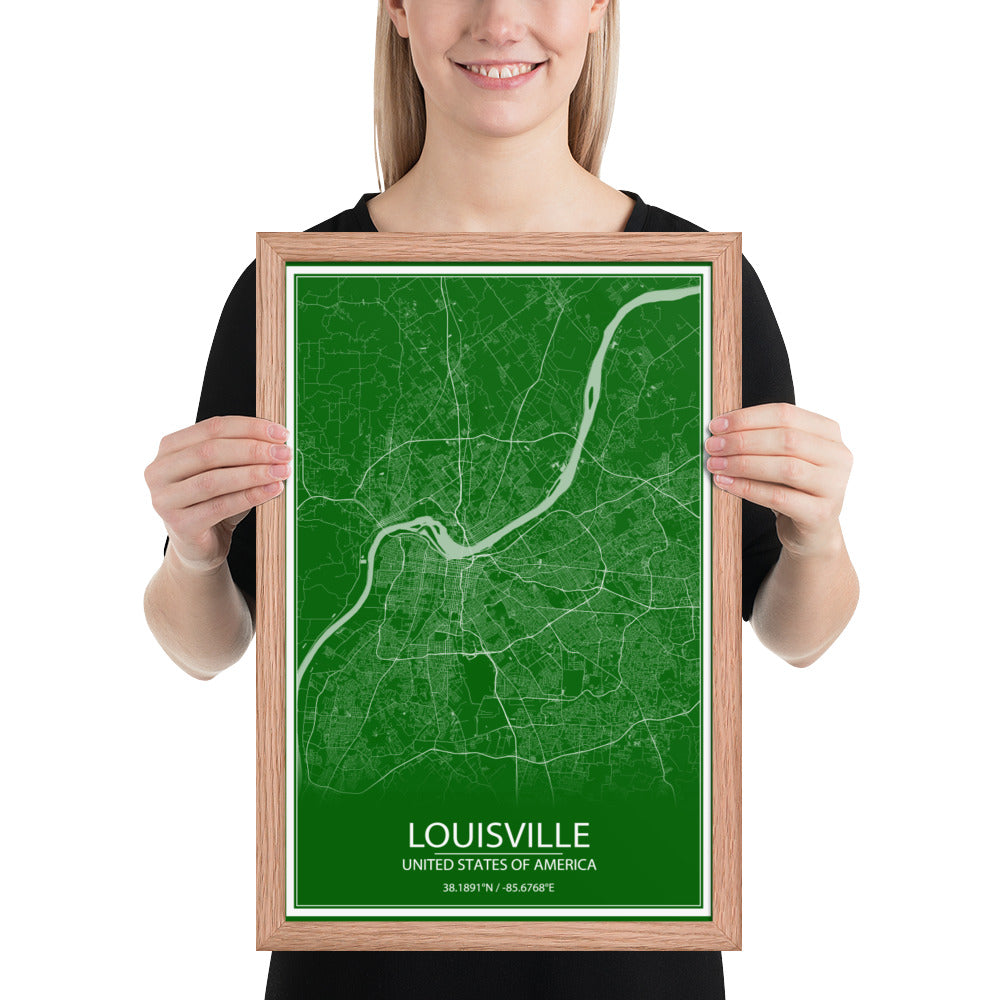 Louisville Green and White Framed Map