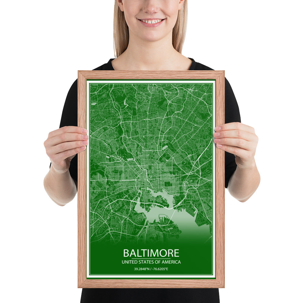 Baltimore Green and White Framed Map