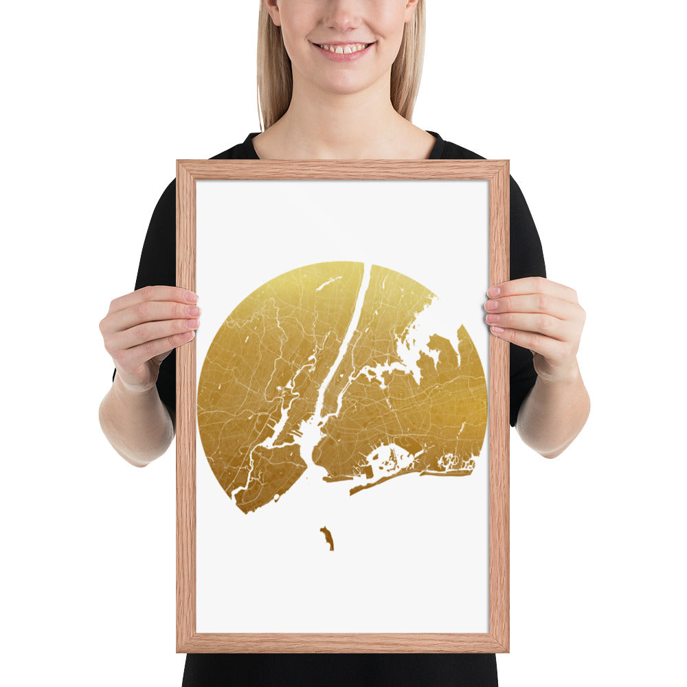 New York Gold on White Framed Map