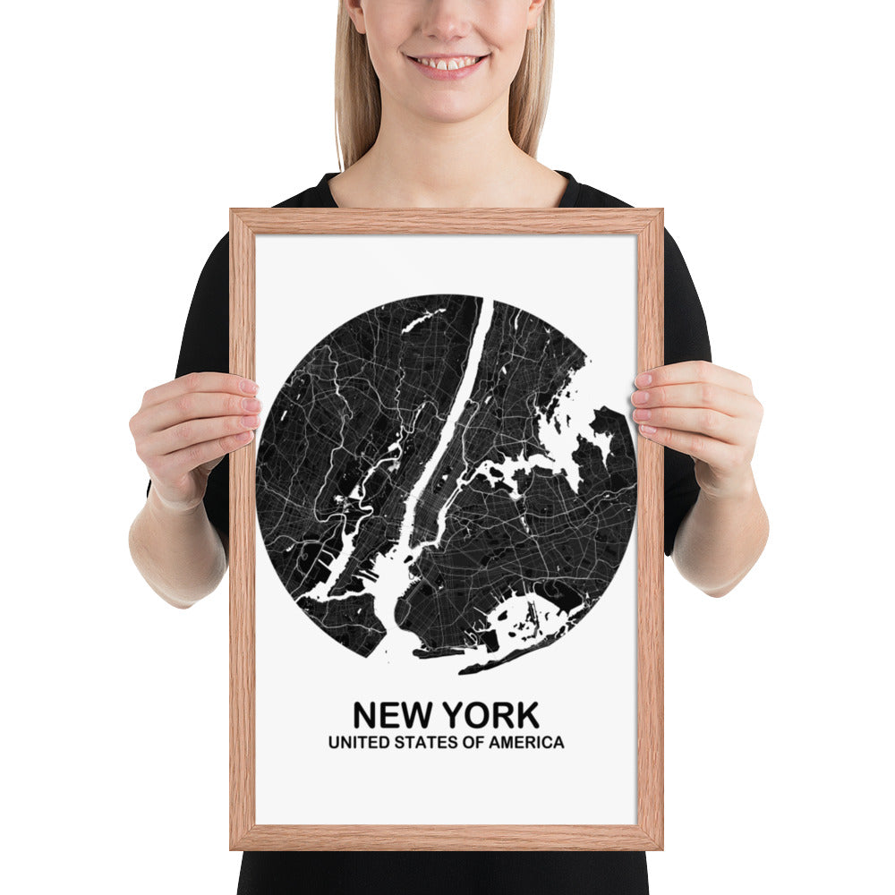 New York Circular Black Framed Map