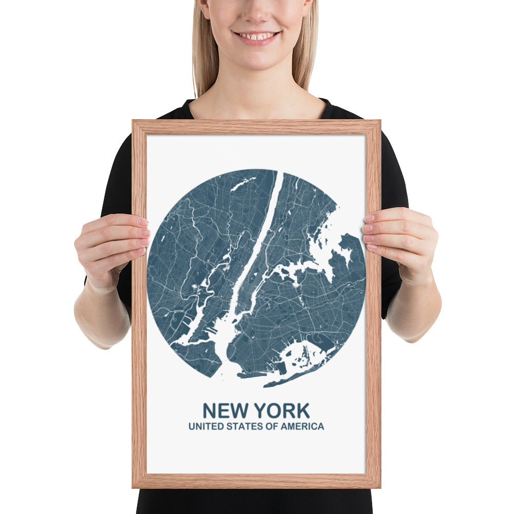 New York Circular Blue Framed Map