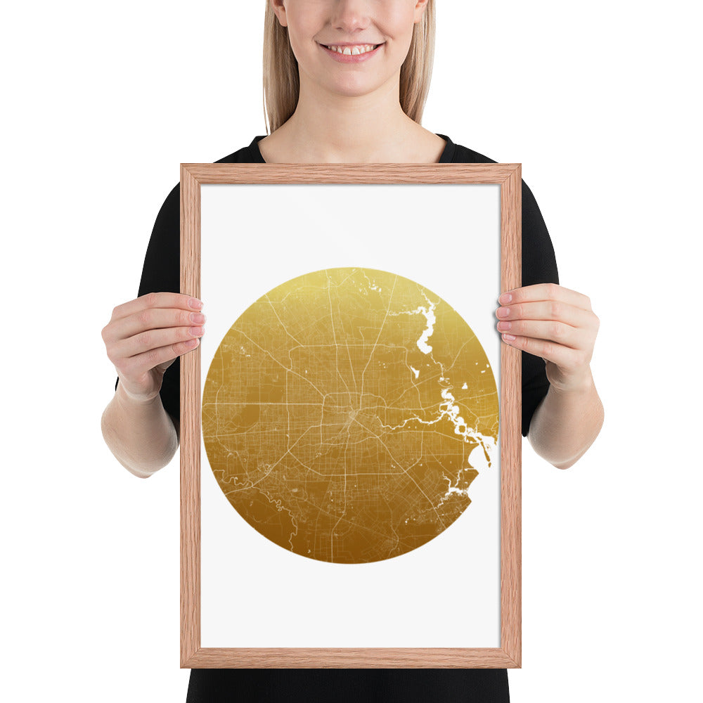 Houston Gold on White Framed Map