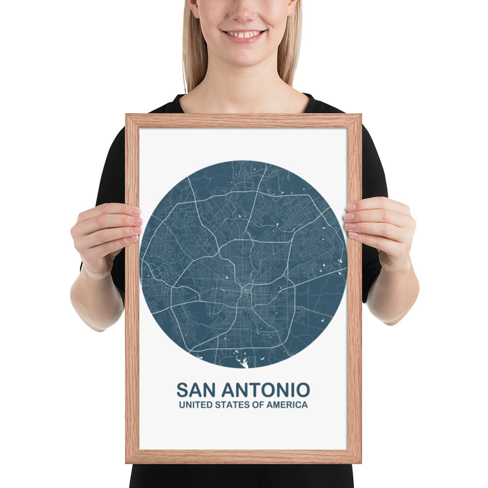 San Antonio Circular Blue Framed Map