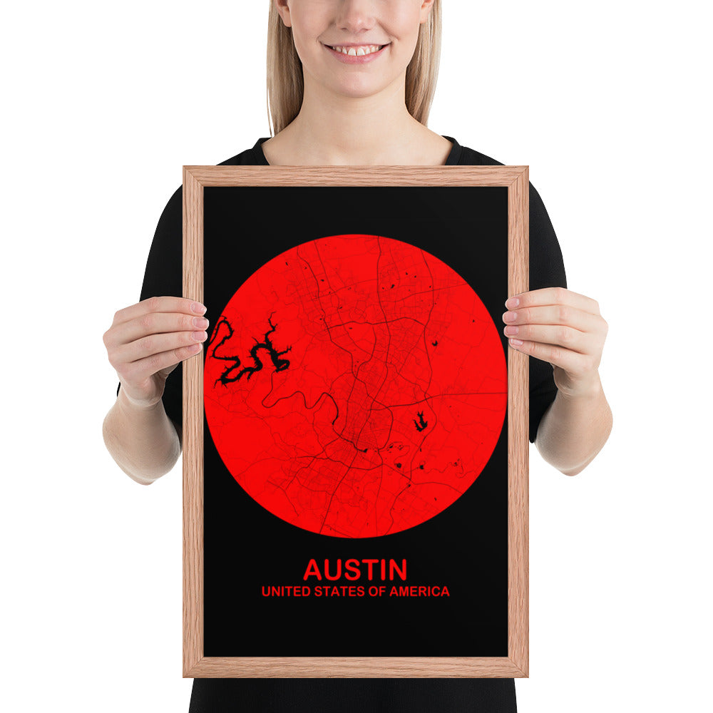 Austin Circular Red Framed Map