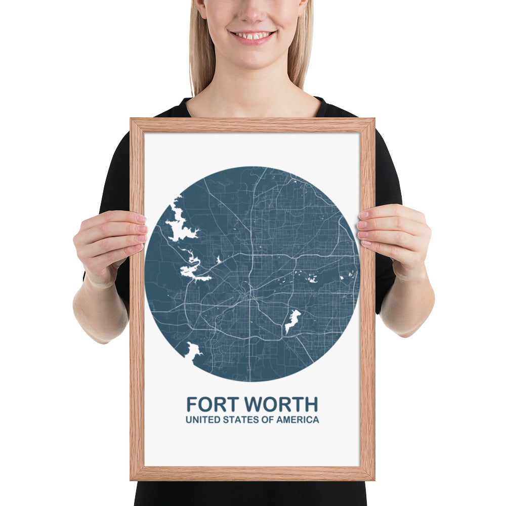 Fort Worth Circular Blue Framed Map