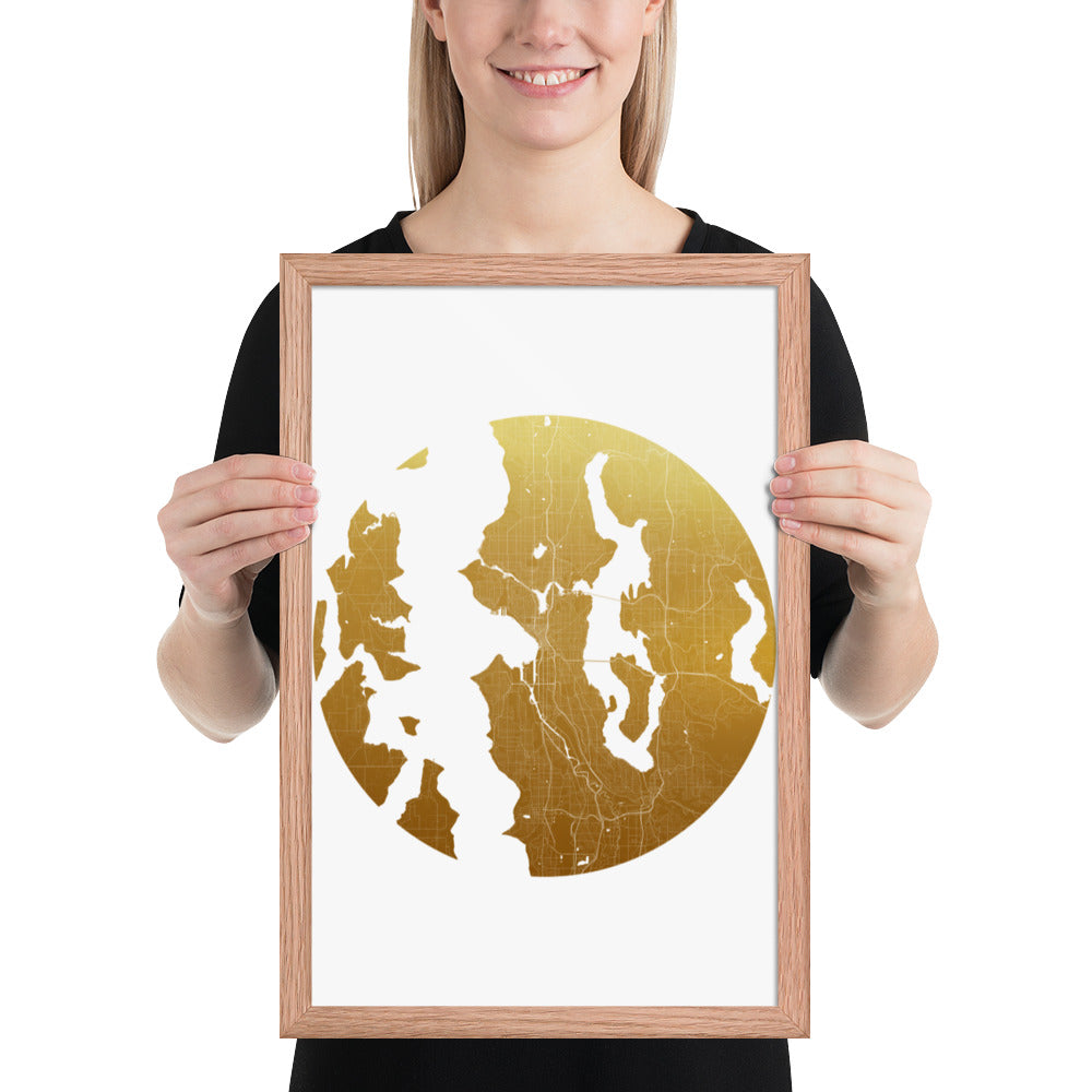 Seattle Gold on White Framed Map